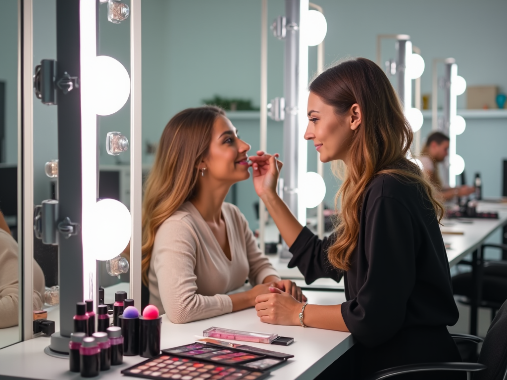 Makeup artist applying cosmetics to a woman at a well-lit vanity mirror in a beauty salon.