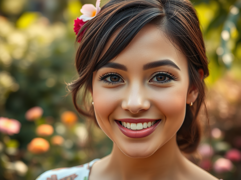 A young woman with a bright smile, wearing a flower in her hair, surrounded by colorful flowers in a garden.