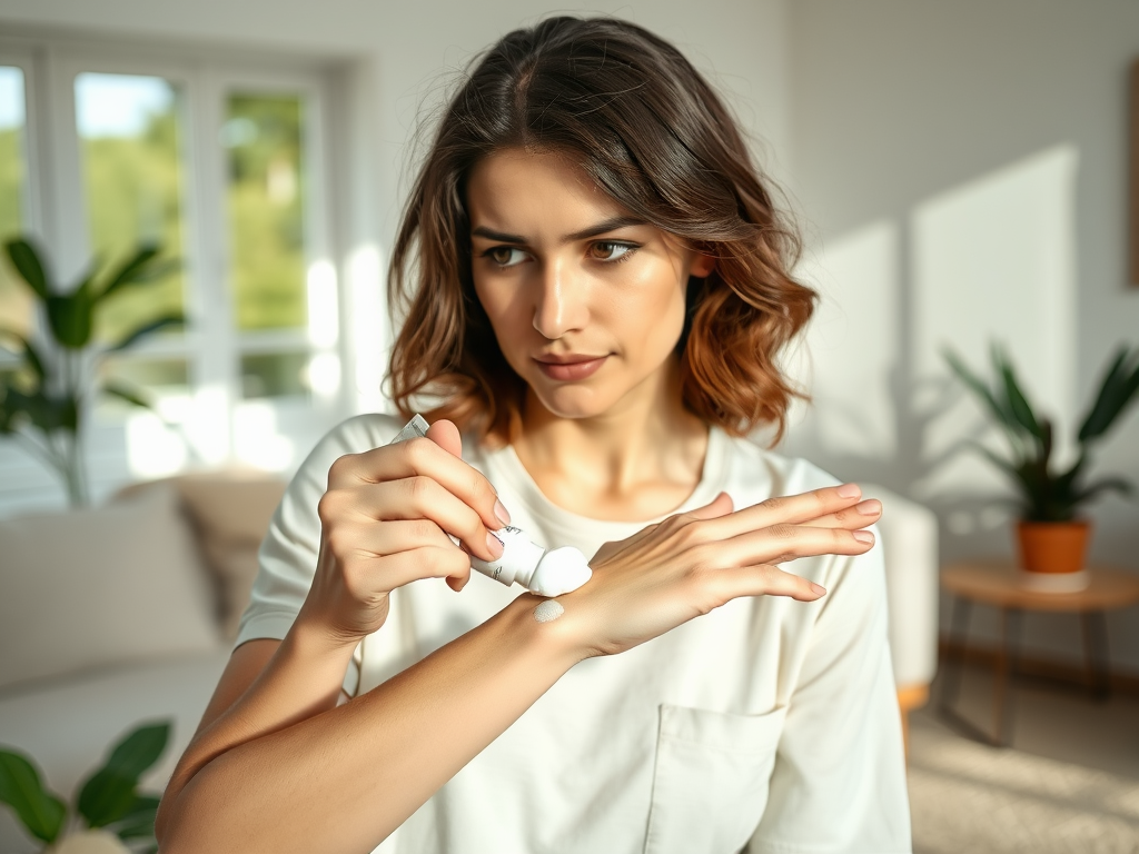 A young woman applies cream to her hand, concentrating in a bright, well-lit indoor space with plants in the background.