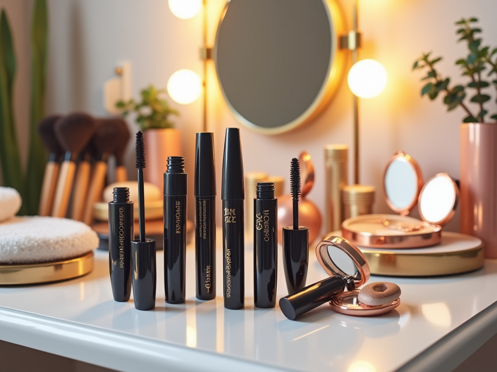 Variety of mascara tubes displayed on a makeup table with mirrors and brushes in a warmly lit room.