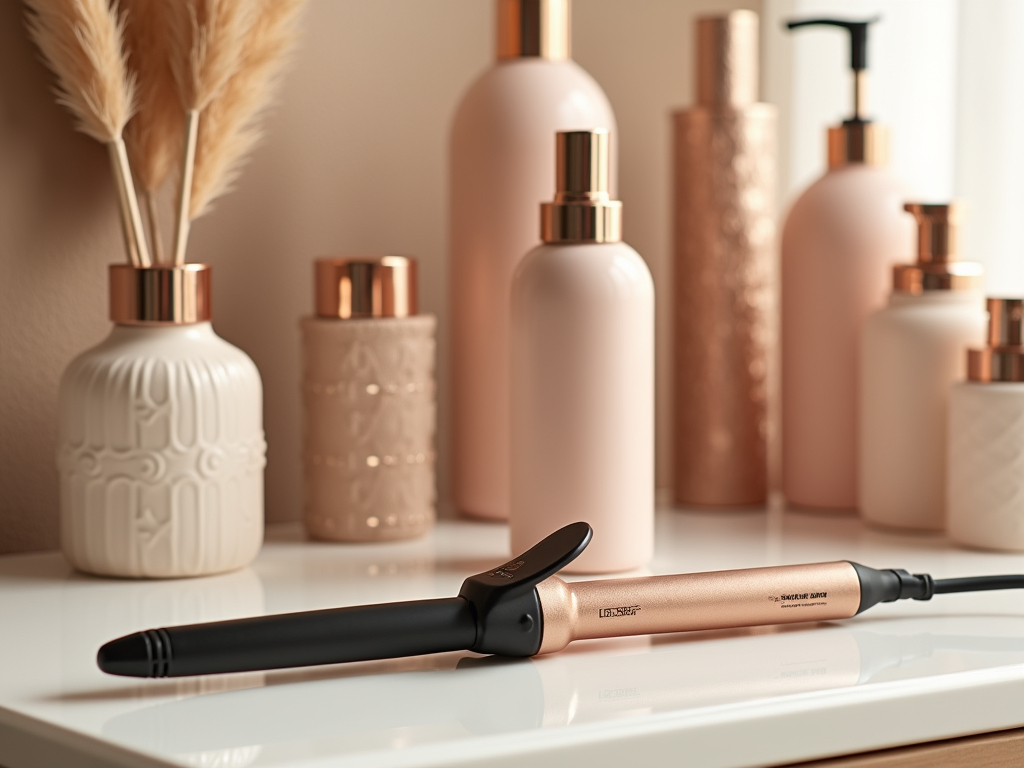 Rose gold hair curling iron and matching beauty products on a white surface.