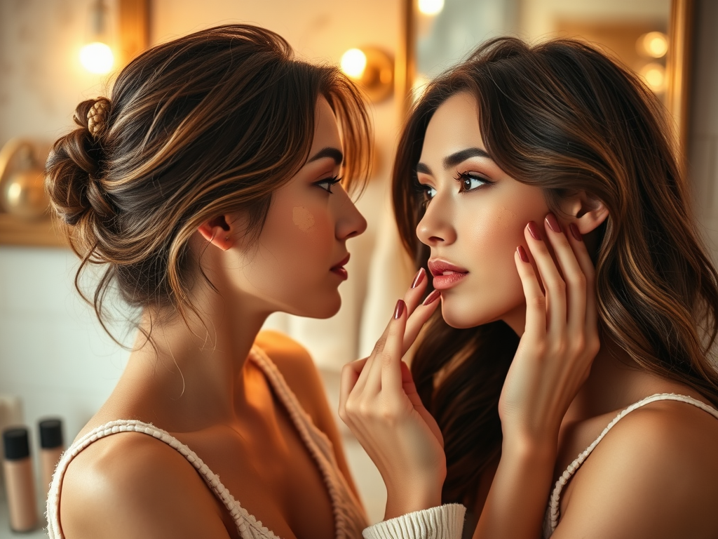 A woman admires her reflection, applying makeup, with warm lighting and a cozy atmosphere in the background.