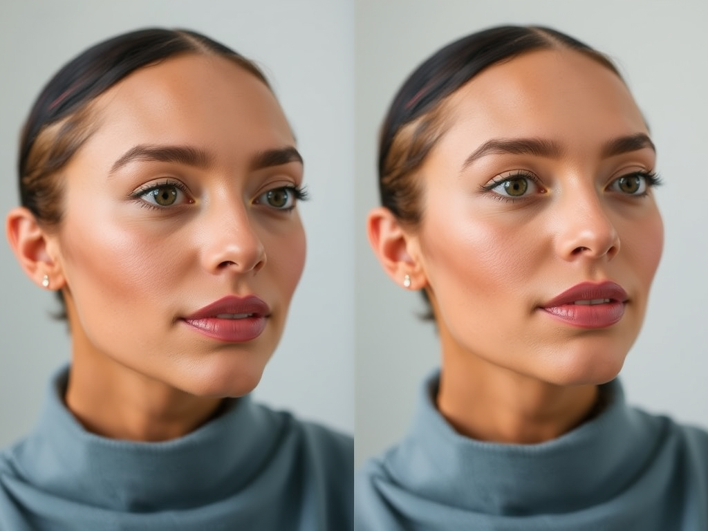 A close-up portrait of a woman with smooth skin and natural makeup, looking off to the side with a neutral expression.