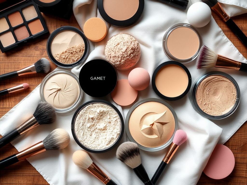 A collection of cosmetics, including powders, blushes, and brushes, laid out on a textured wooden surface.