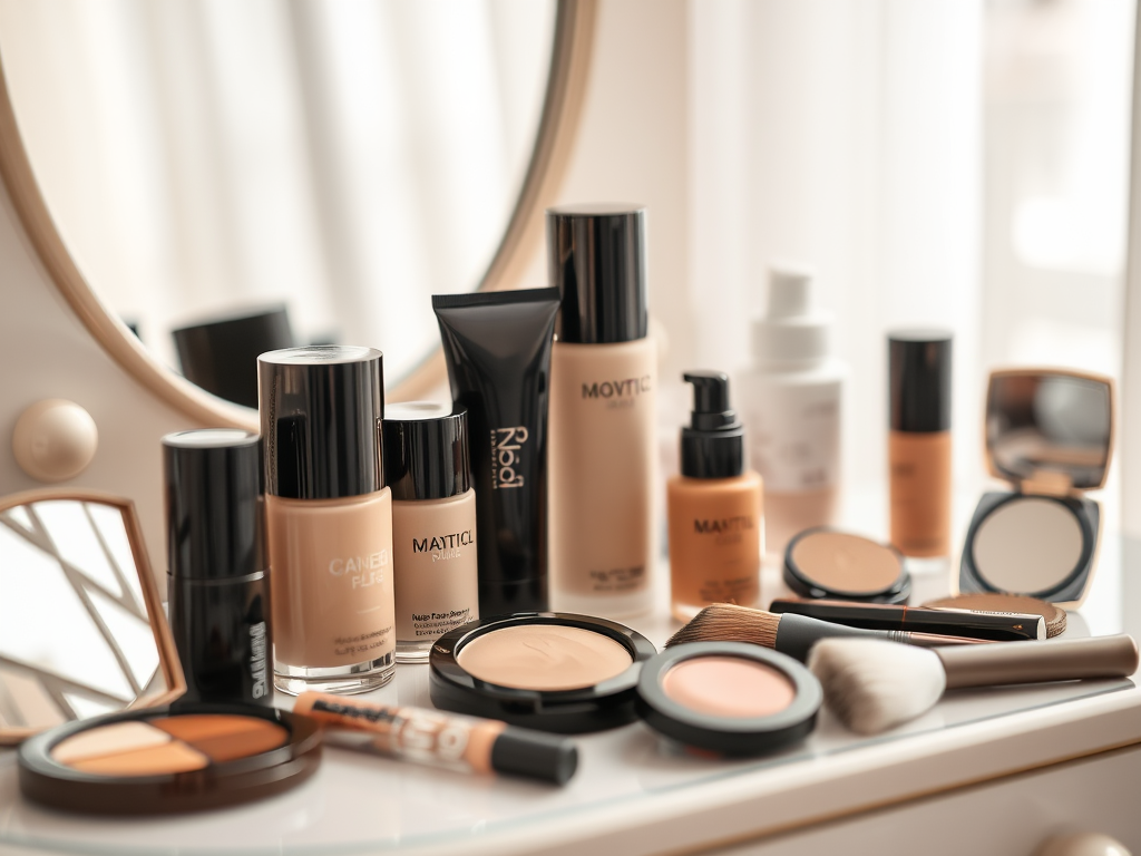 A variety of makeup products including foundations, concealers, and brushes displayed on a vanity table.
