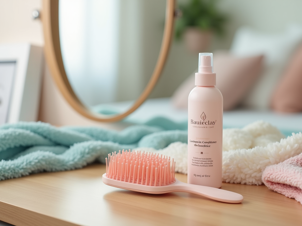 Hairbrush and leave-in conditioner on wooden table, with a mirror and towels in the background.