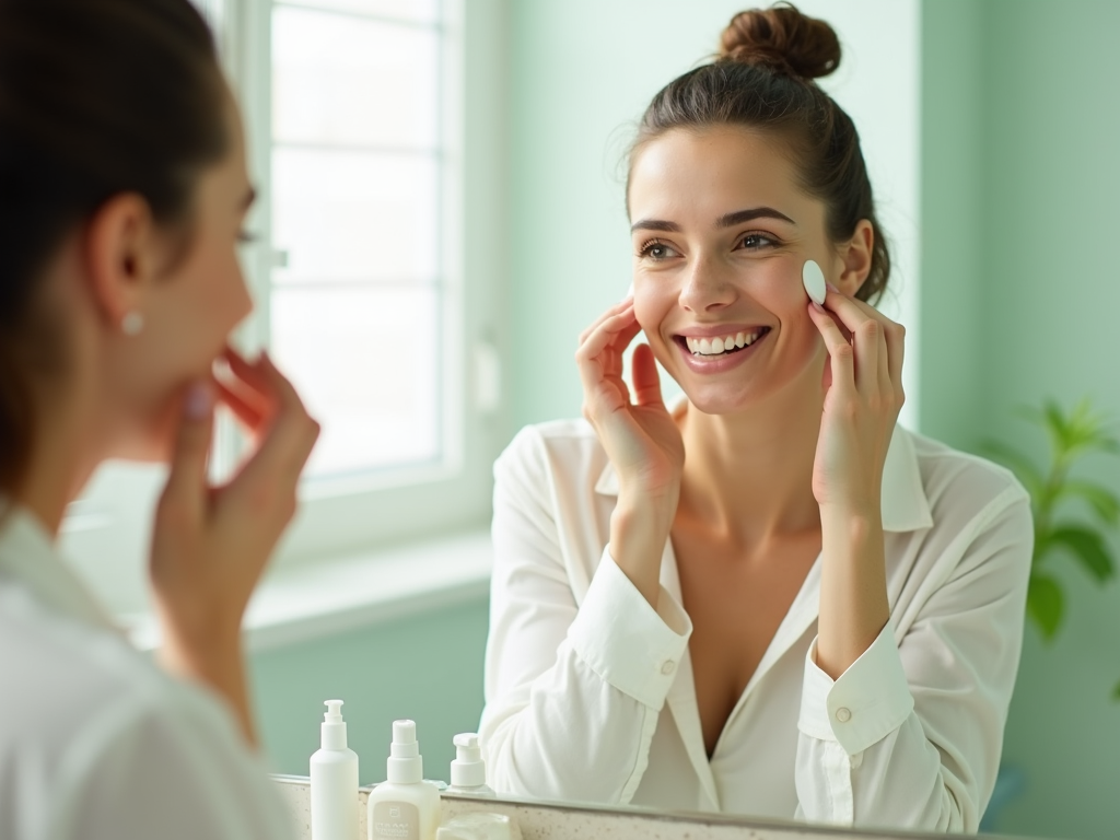 Woman smiling at her reflection and applying face cream in a bright bathroom.