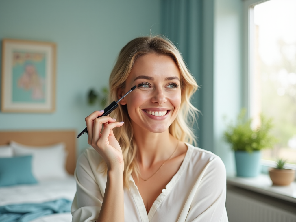 Smiling woman applying mascara in a brightly lit room with teal walls and houseplants.