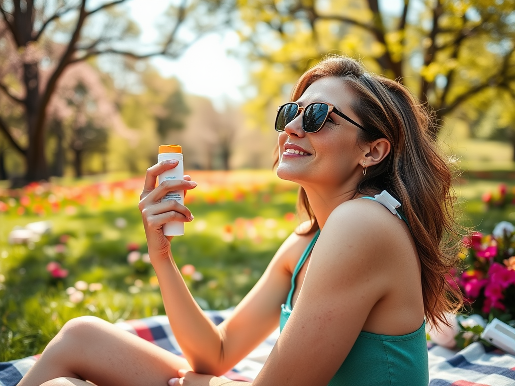 A woman in sunglasses smiles while holding a sunscreen bottle, sitting on a picnic blanket in a vibrant park.