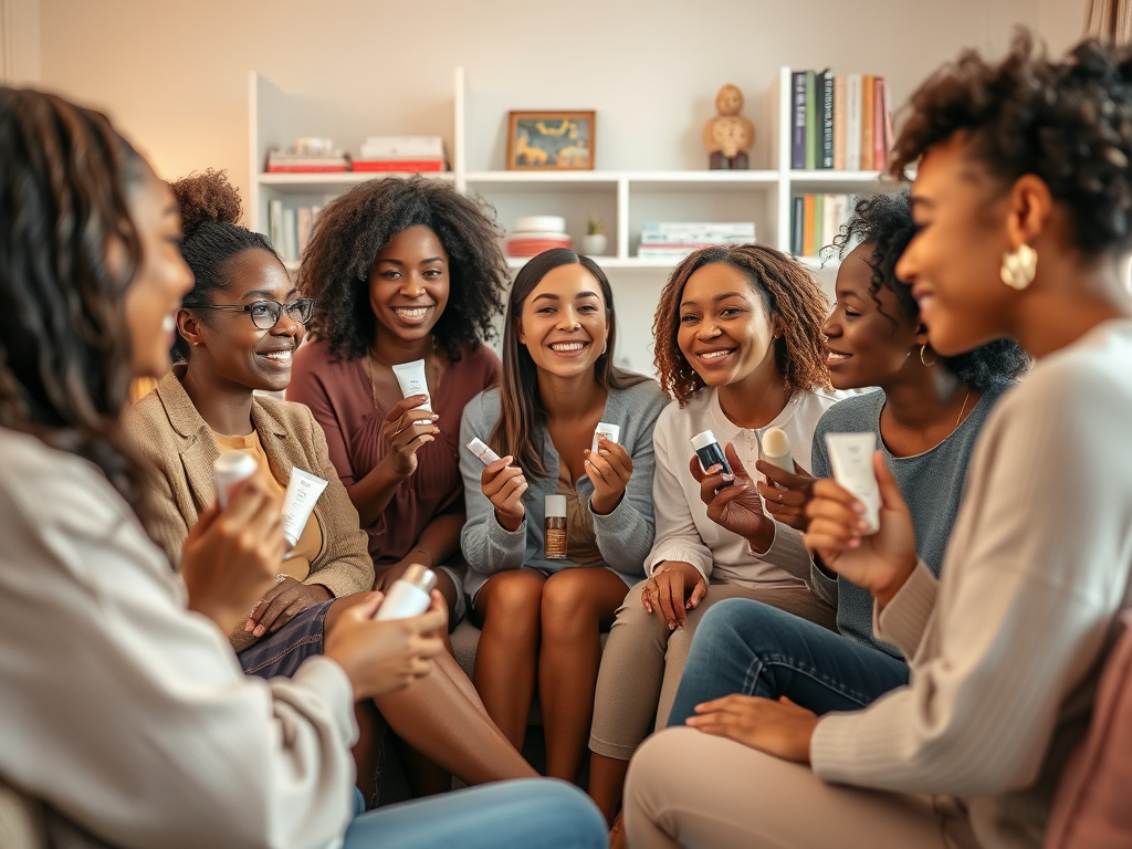 A group of seven smiling women holding skincare products while seated together, enjoying each other's company.