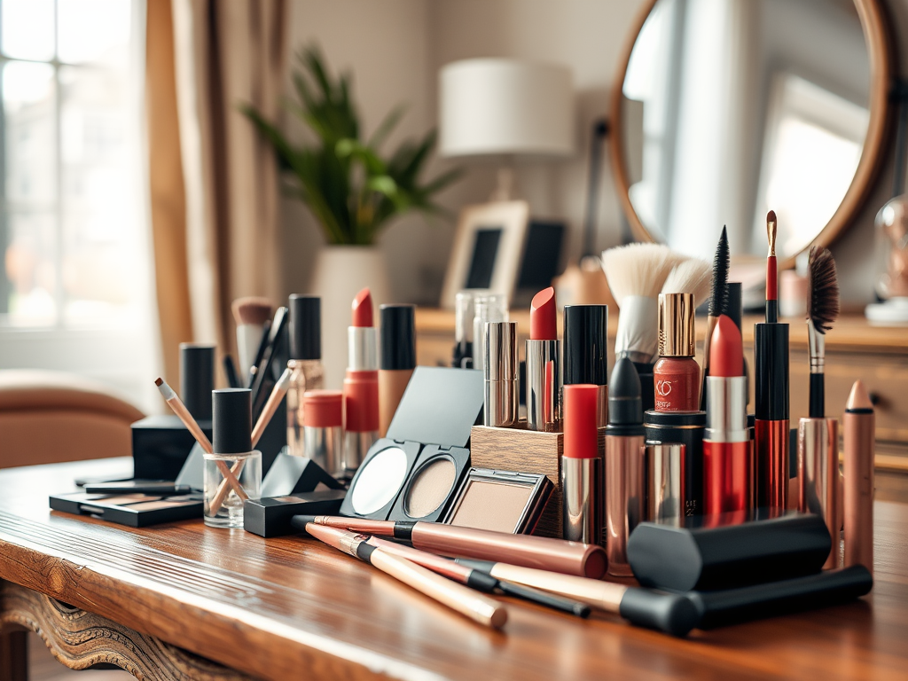 A beautifully arranged makeup display with various lipsticks, brushes, and other cosmetics on a wooden table.