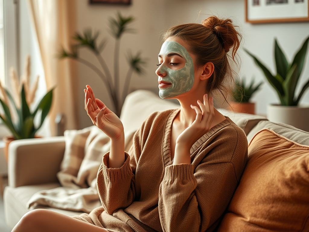 A woman relaxes on a sofa, applying a green face mask, surrounded by indoor plants and cozy decor.