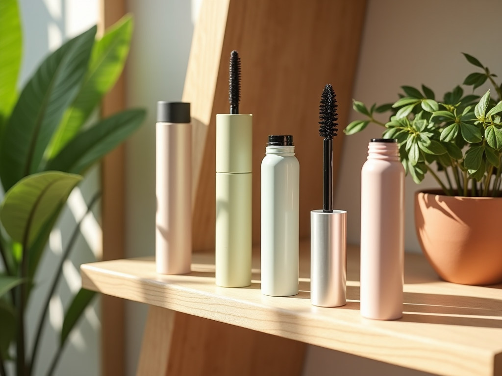 Assorted skin care products in muted colors on a wooden shelf, with green plants in the background.