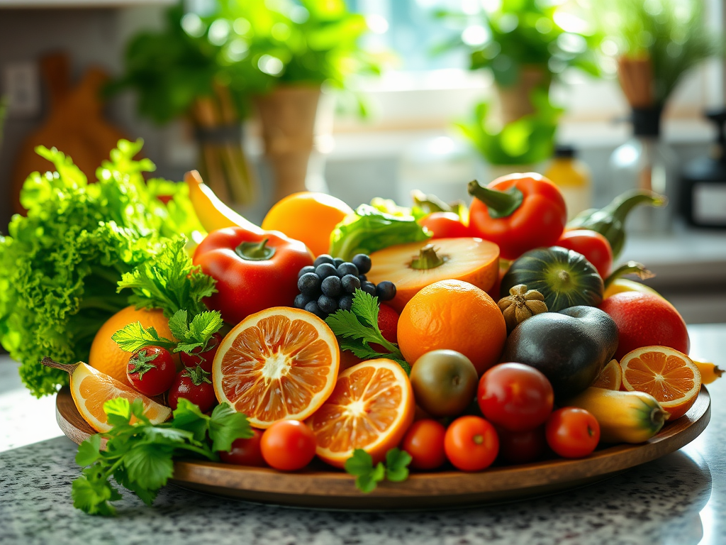 A vibrant assortment of fruits and vegetables arranged on a wooden platter, showcasing fresh, colorful produce.