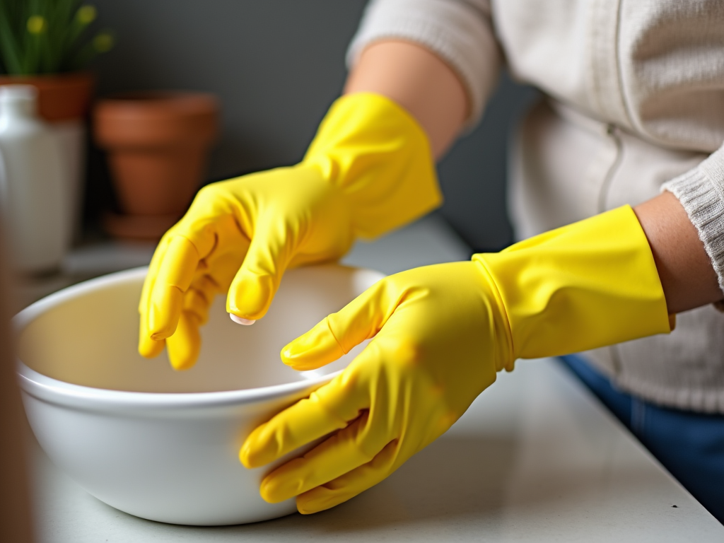 Person wearing yellow gloves cleaning a white bowl on a countertop.