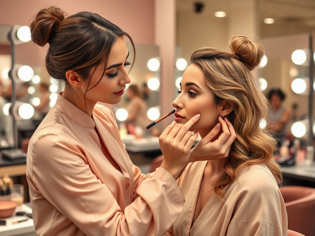 A makeup artist gently applies makeup to a client in a well-lit beauty studio with mirrors and cosmetics in the background.