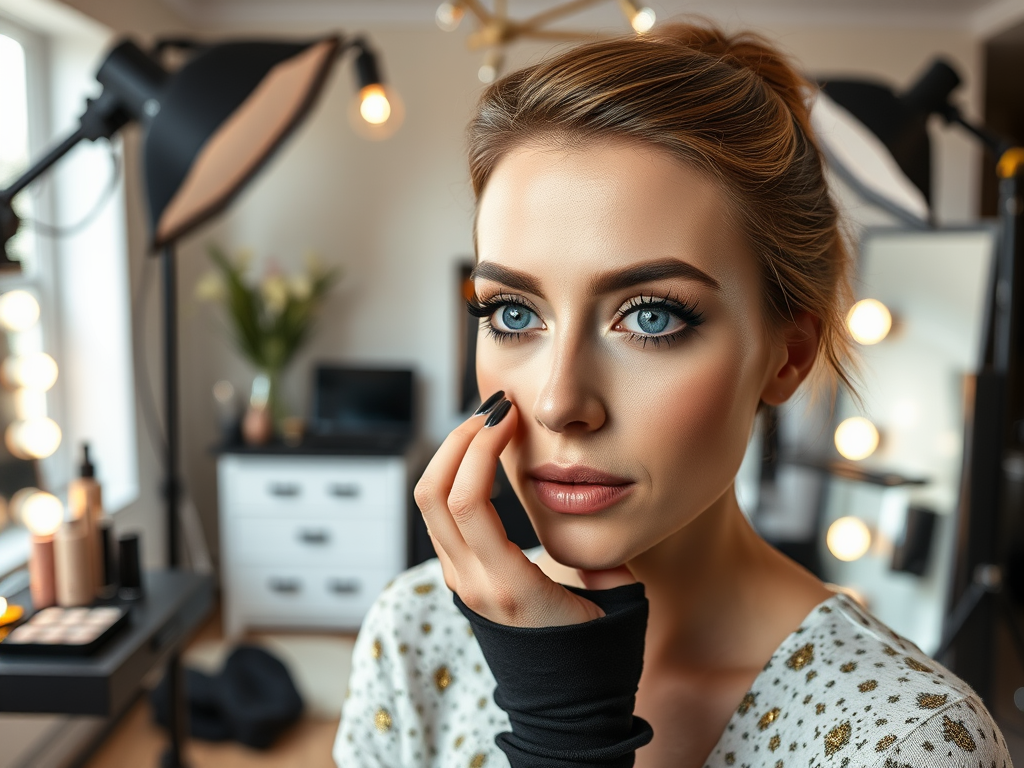 A close-up of a woman with striking blue eyes thoughtfully touching her face in a well-lit makeup studio.