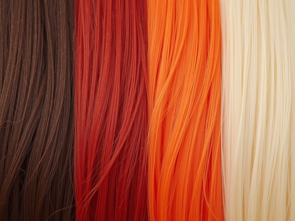 Close-up of hair strands in colors brown, red, vivid orange, and blonde arranged side by side.