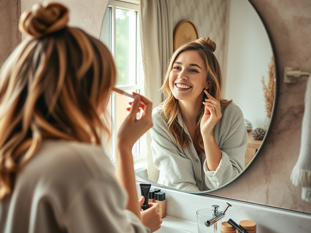 A smiling woman applies makeup in front of a mirror, showcasing a bright and cozy bathroom setting.