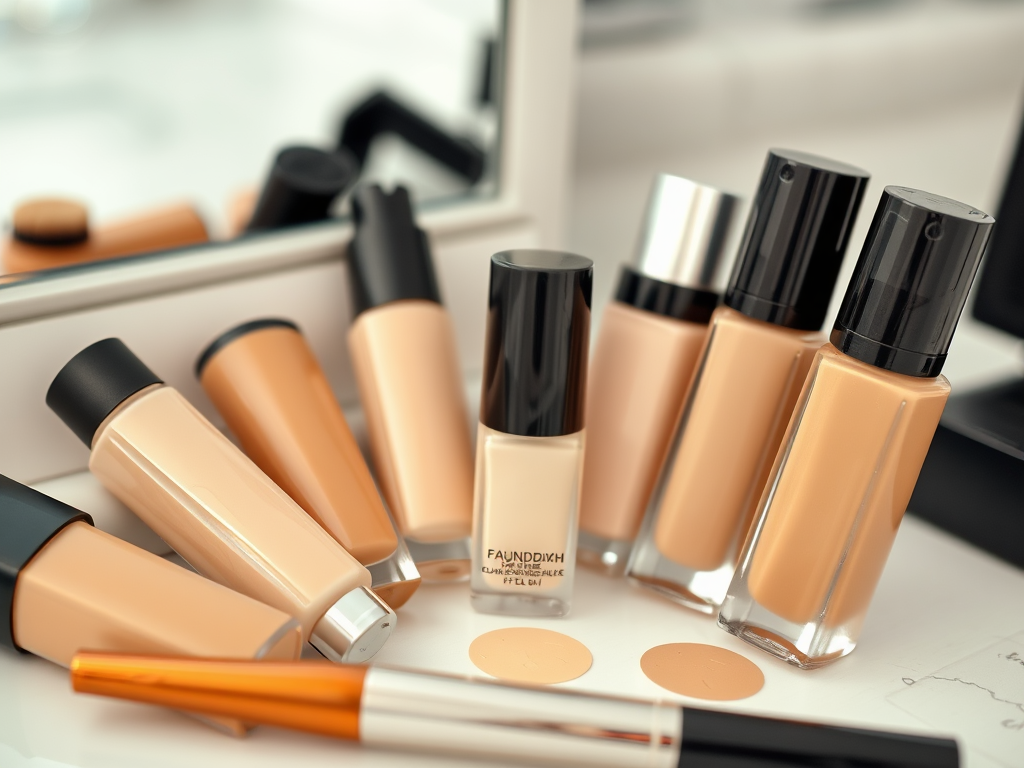 A variety of foundation bottles in different shades arranged on a table, with a mirror in the background.