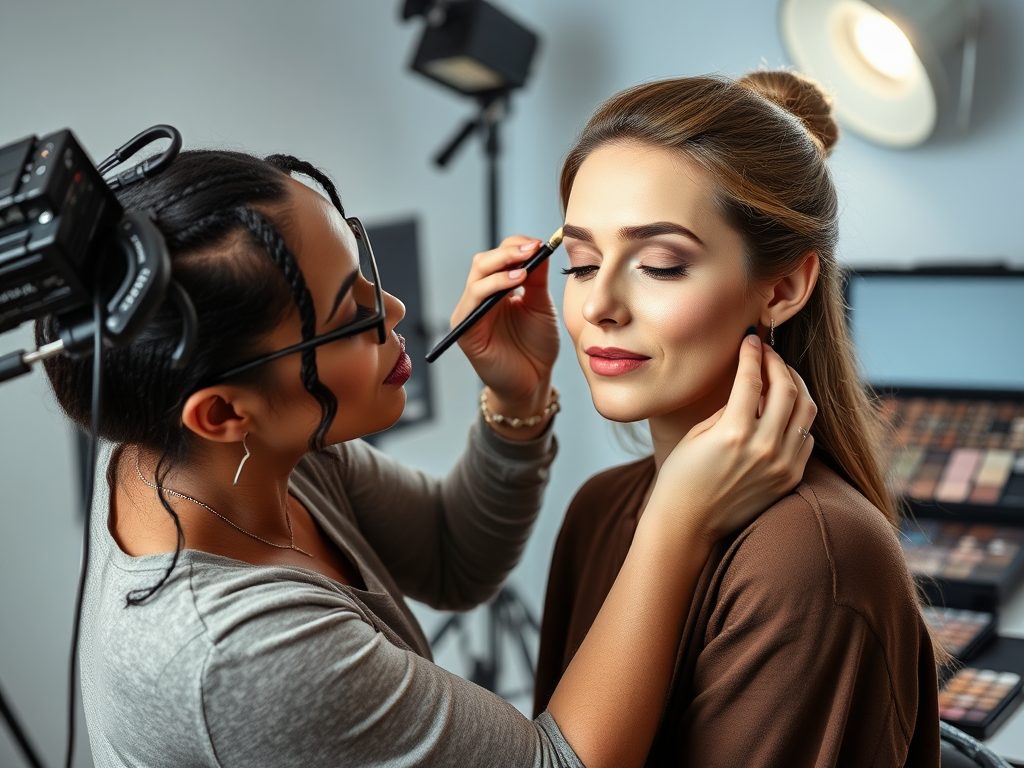 A makeup artist applying makeup to a client in a studio setting with professional lighting and tools.