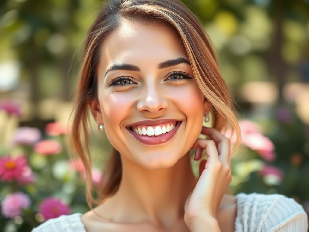 A smiling woman with long hair is outdoors, surrounded by colorful flowers, radiating happiness and warmth.