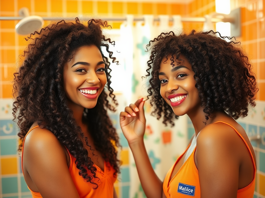 Two women with curly hair smile at the camera in a colorful bathroom, wearing matching orange outfits.