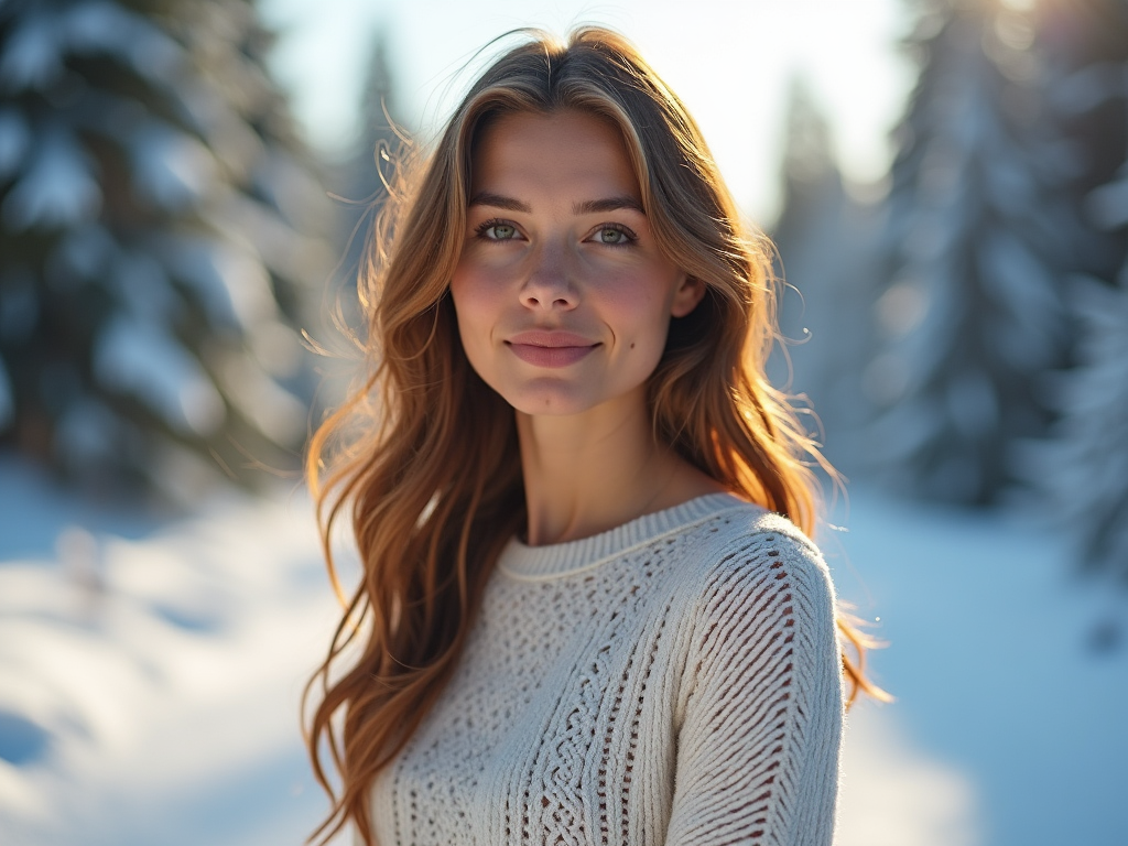 Young woman in a white sweater against a snowy forest backdrop, smiling subtly.