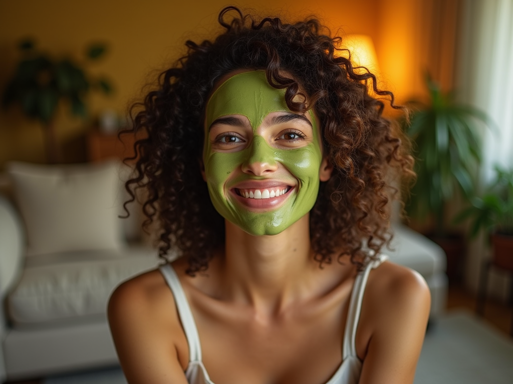 Woman with curly hair smiling, wearing a green facial mask in a cozy room.