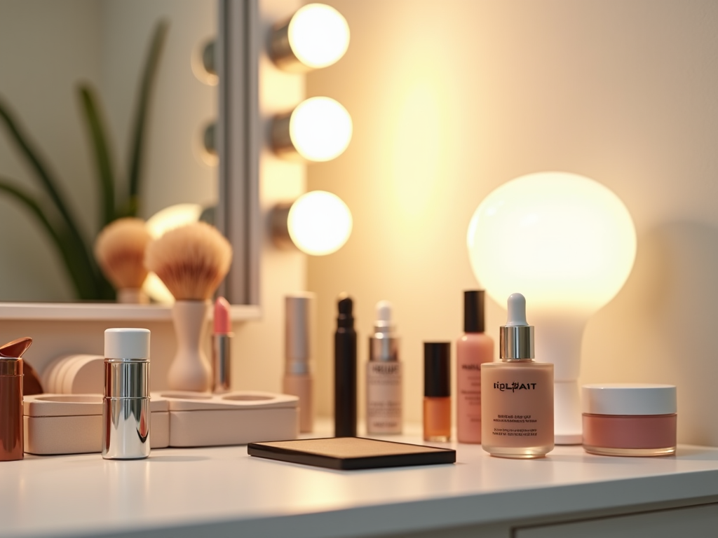 Cosmetic products and makeup brushes on a vanity under warm glowing lights.