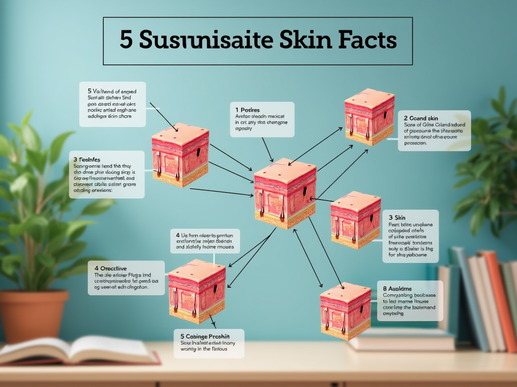 Educational poster with text "5 Susunisaite Skin Facts" and 5 cubes with numbered skin facts connected by arrows.