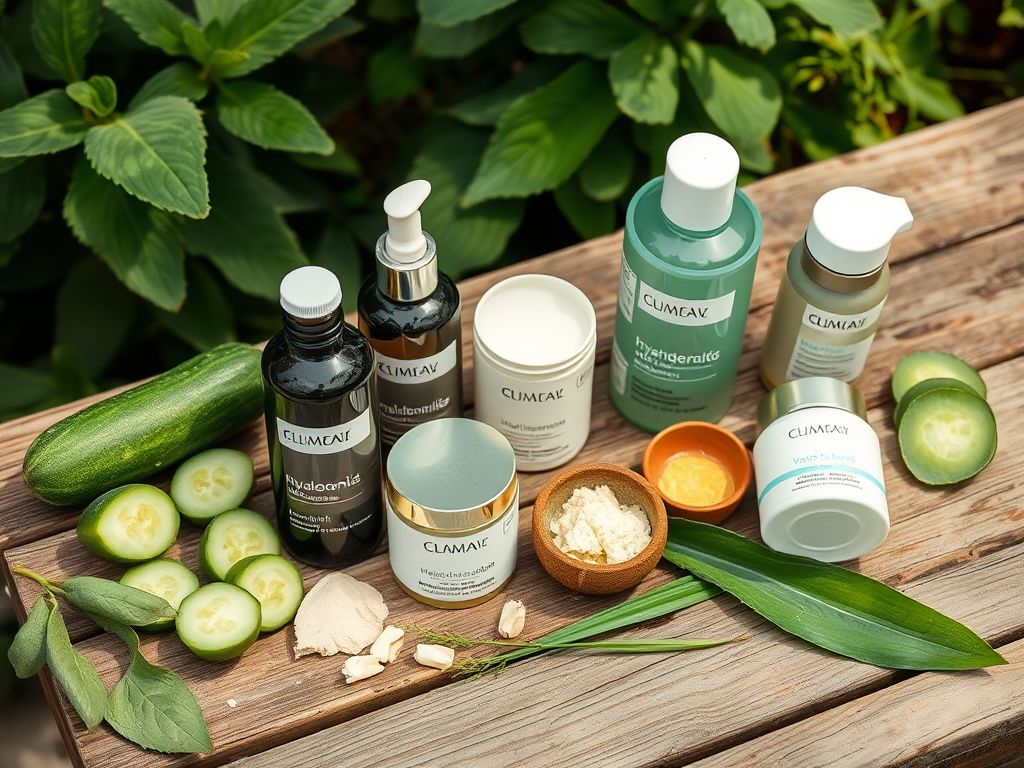 A variety of skincare products arranged with cucumbers and herbs on a wooden surface surrounded by greenery.