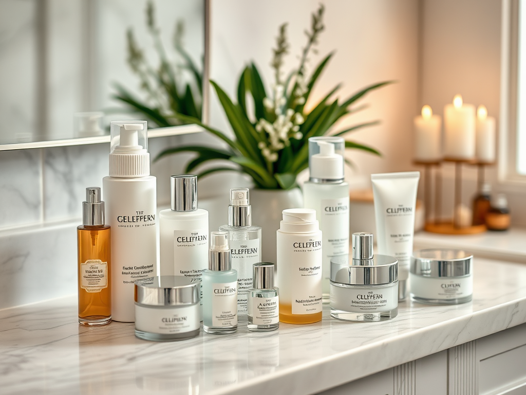 A collection of skincare products arranged on a marble countertop, with candles and plants in the background.