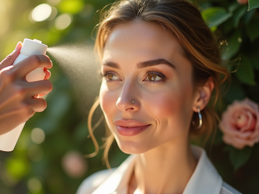 Woman with a mist spray bottle, refreshing her face near blooming roses in sunlight.