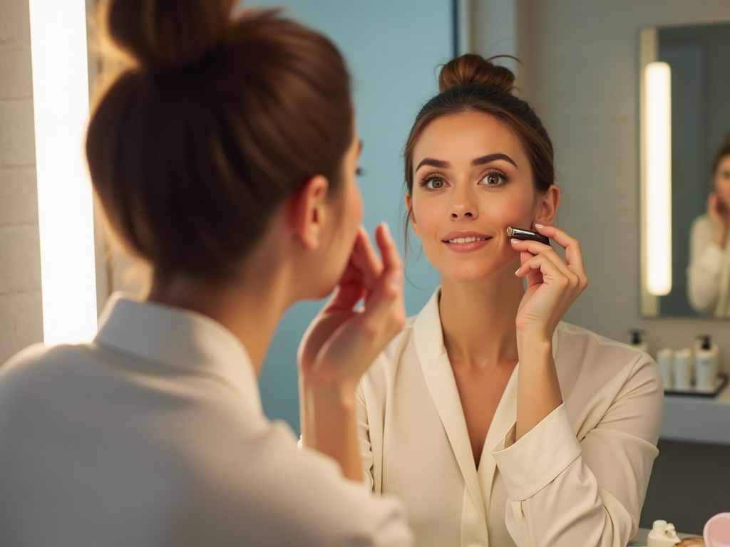 Woman applying makeup while looking at her reflection in a brightly lit bathroom mirror.