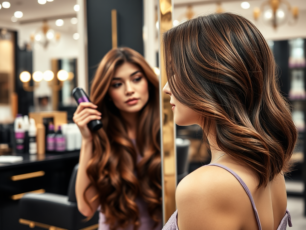 A woman with long, wavy hair holds a hair product, admiring her reflection in a salon mirror.