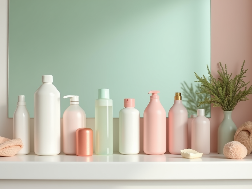 Assorted skincare bottles and vases on a shelf against a mint green background.