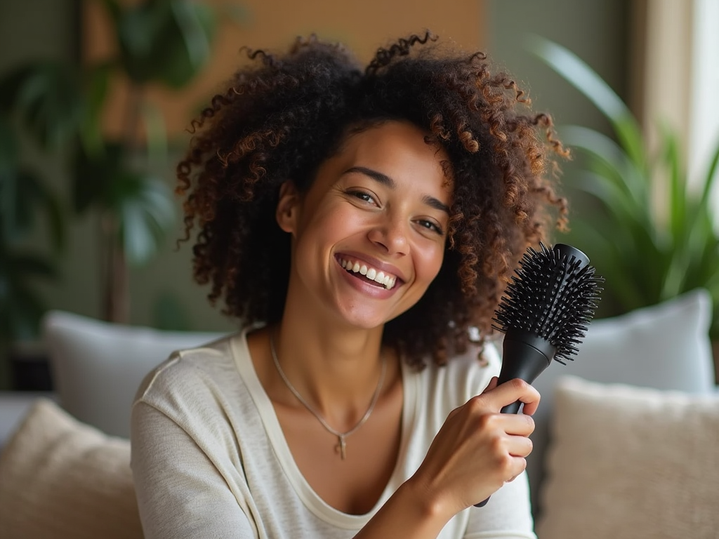 Happy young woman with curly hair holding a hairbrush, smiling in a cozy home setting.