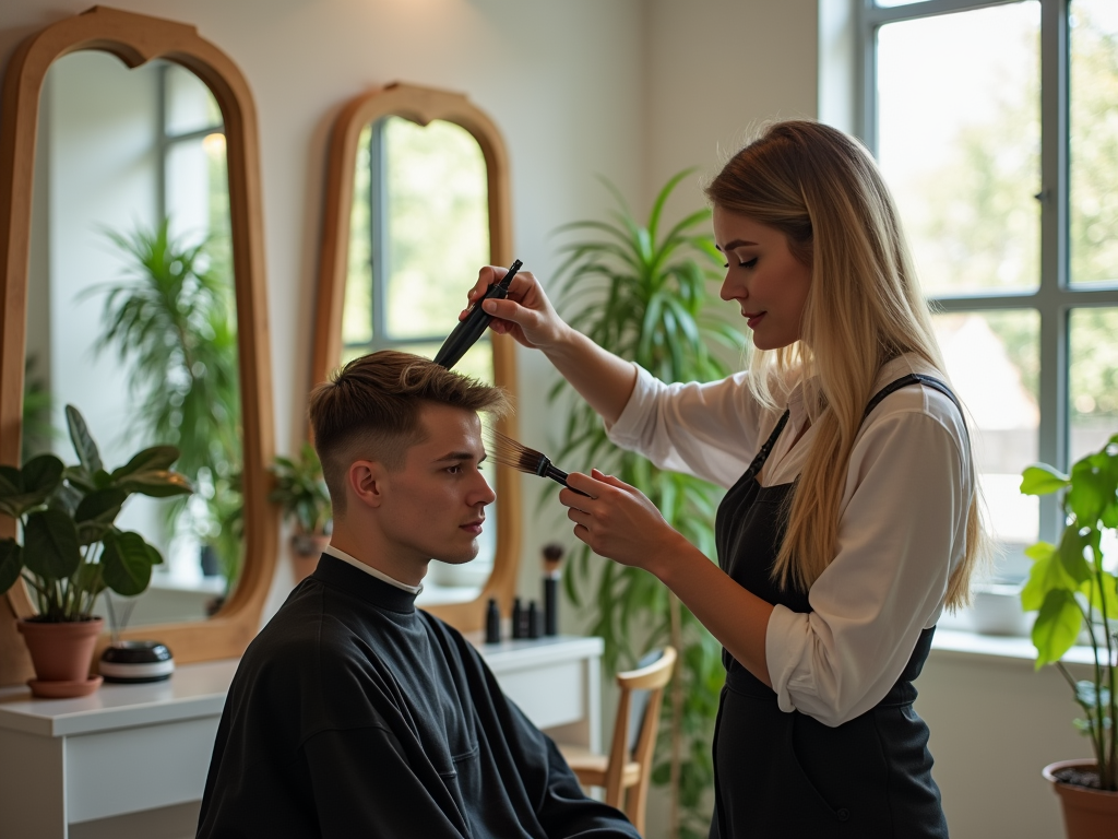 Hairdresser styling a young man's hair in a salon with mirrors and plants.