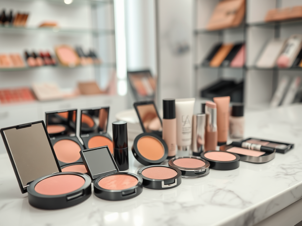 A variety of makeup products displayed on a marble surface, including blush, lipsticks, and mirrors.