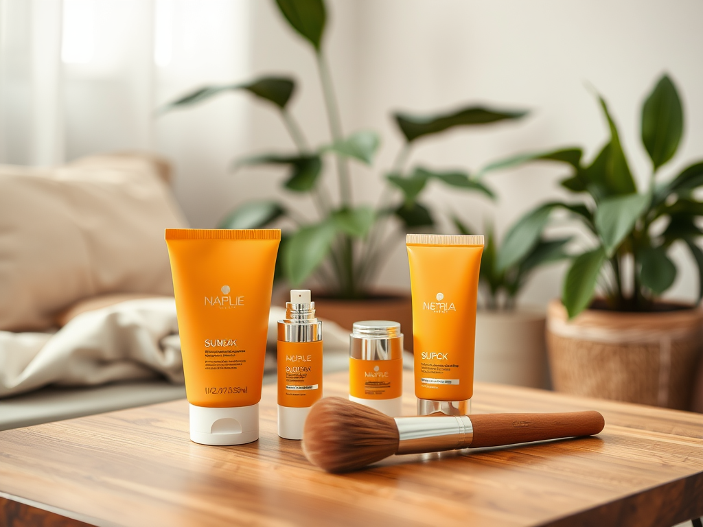 A wooden table displays orange skincare products and a brush, with green plants in the background and soft lighting.