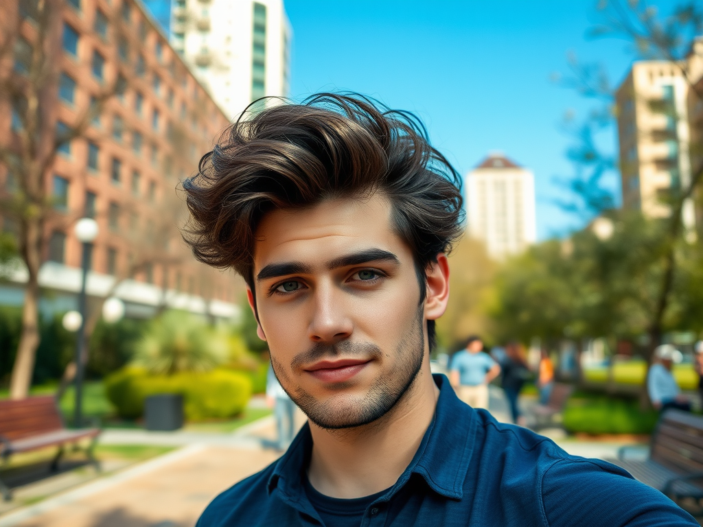 A young man with stylish hair poses outdoors, surrounded by greenery and buildings, smiling at the camera.