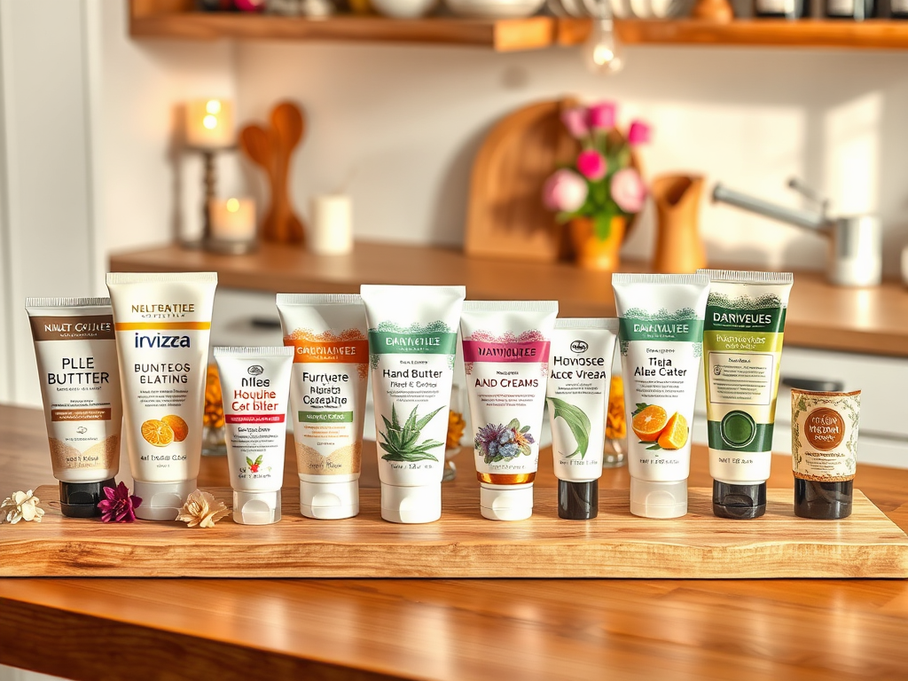 A collection of skincare tubes arranged on a wooden surface, with plants and kitchen items in the background.