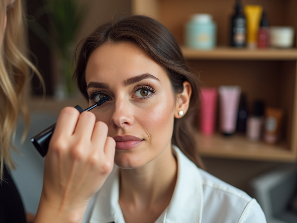 Woman having mascara applied in a salon with products in the background.