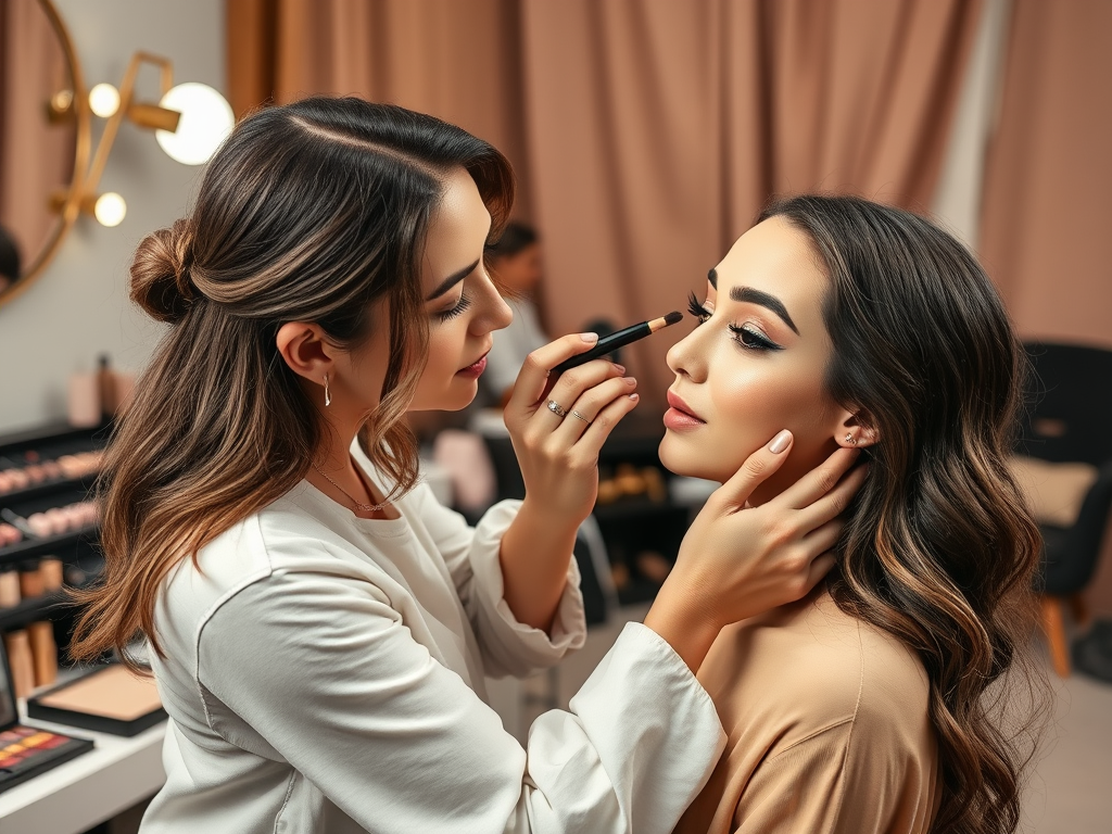 A makeup artist applies makeup to a client in a stylish setting, focused on enhancing her features.