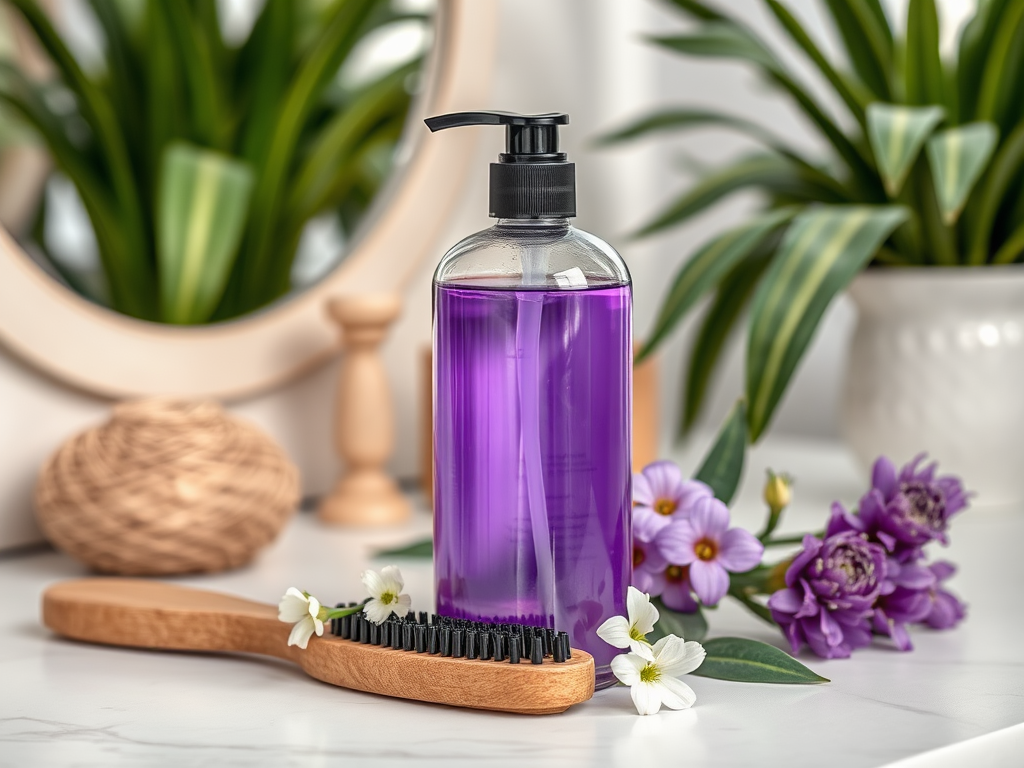 A bottle of purple liquid sits beside a wooden hairbrush, surrounded by flowers and green plants on a white surface.