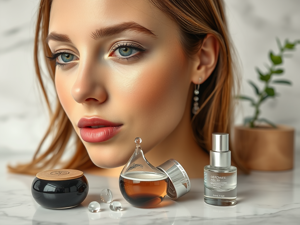 A close-up of a woman's face with skincare products arranged nearby, showcasing a natural and radiant look.