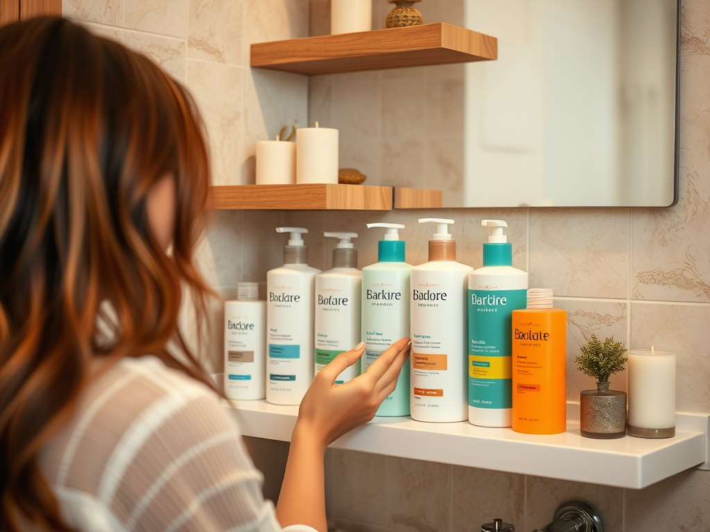 A woman examines a row of personal care products on a bathroom shelf, surrounded by candles and decorative elements.